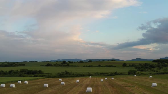 Aerial View On Farm Fields With Baled Hay 8