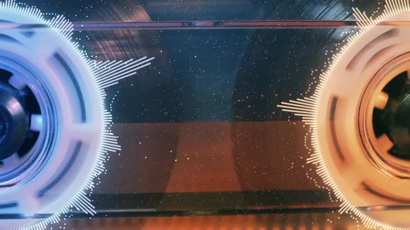 Vintage audio cassette with orange and blue sound wave alt