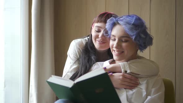 Smiling Homosexual Young Woman Reading Book Together Spbd