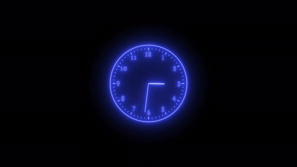 Blue Neon Light Analog Clock Isolated Animated On Black Background