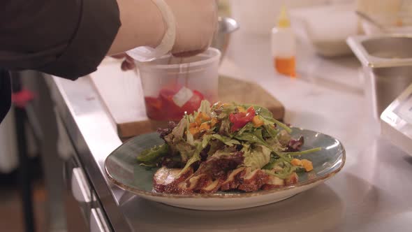 Restaurant Cooking  Chef Serves Vegetable Salad with Fish on a Plate