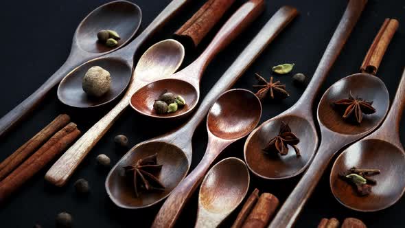 Colourful Various Herbs and Spices for Cooking on Dark Background.