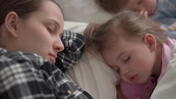 Authentic Cute Young Mom Fell Asleep Read Fairy Tale From Book to Baby Before Bedtime