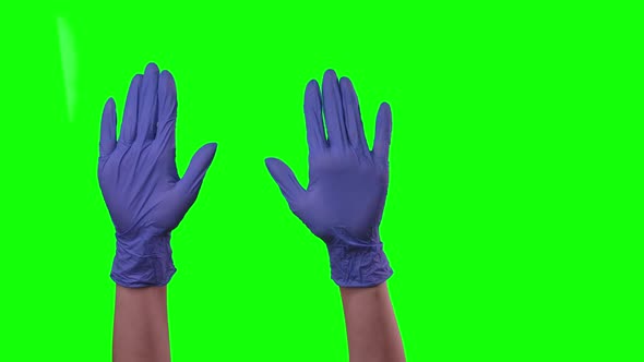 Medical Lab Worker Hands with Protective Blue Gloves Showing Stop Sign