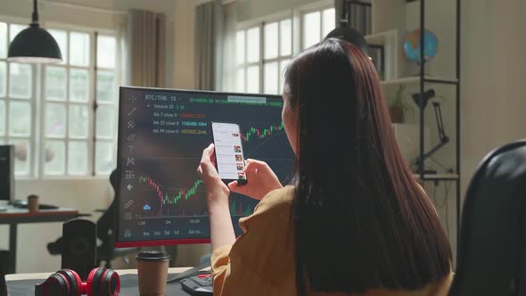 Woman Trader With Financial Stock Market Charts On Desktop Computer And Order Food On Mobile