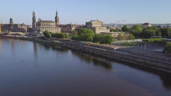 Drone shot of the old town of Dresden in Germany