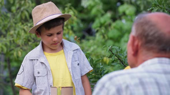 Childhood Cute Male Child Helping His Grandfather Beekeeper Paints Hives with Paint While Relaxing