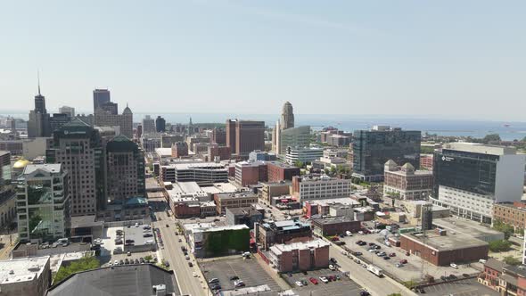 Buffalo, New York skyline drone videoing up.