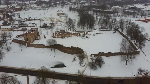 Ruins of Ancient Livonian Order's Stone Medieval Castle Latvia Aerial Drone Top Shot From Above . Re