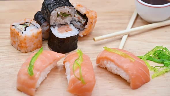 Close Up Of Various Types Of Japanese Fresh Prepared Sushi.