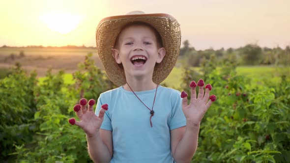 Happy child with raspberries