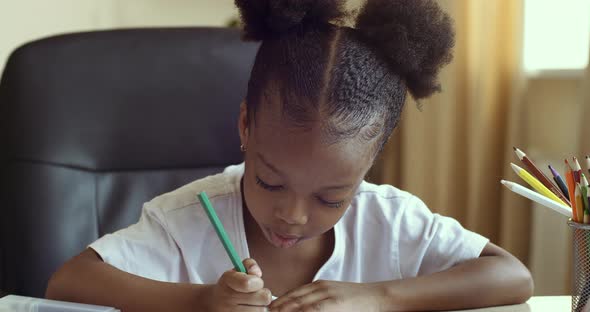 Portrait of Concentrated Little African Girl Daughter Draws with Colored Pencils on Paper, African