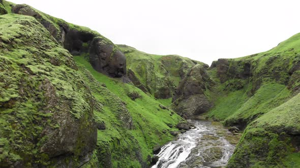 Stjornarfoss Waterfalls in Summer Season Amazing Aerial View