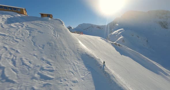Natural Ski Resort Dive Panorama Aerial Fpv View Snow Mountain Summit Winter