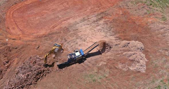 Work Conveyor of an Industrial Wood Shredder Producing Wood Chips From Roots in Construction Site