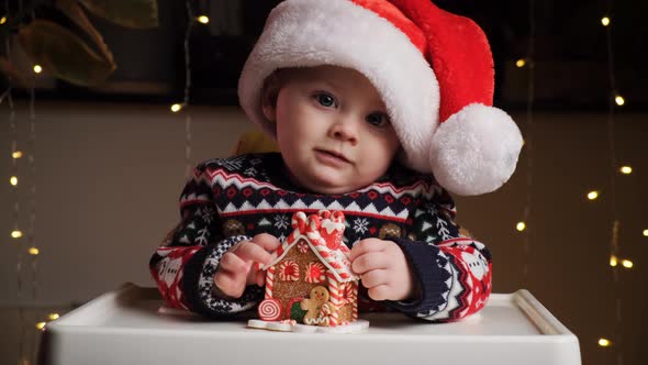 Baby Boy in Santa Hat Playing with Toy Gingerbread House