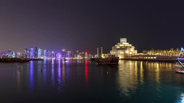 Beautiful Museum of Islamic Art Night Timelapse Hyperlapse in Doha Qatar