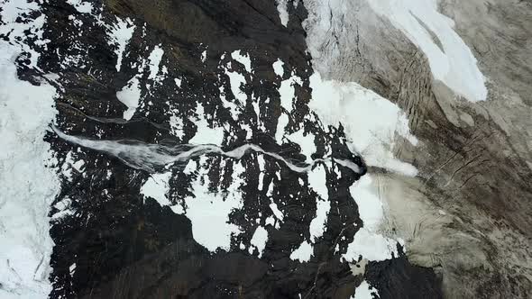 Aerial view of glacier waterfall in Cisnes, Region de Aysen, Chile.