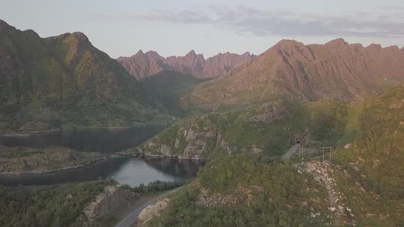 Midnight Sun in Napp, Lofoton Islands, Norway Aerial Drone 4K