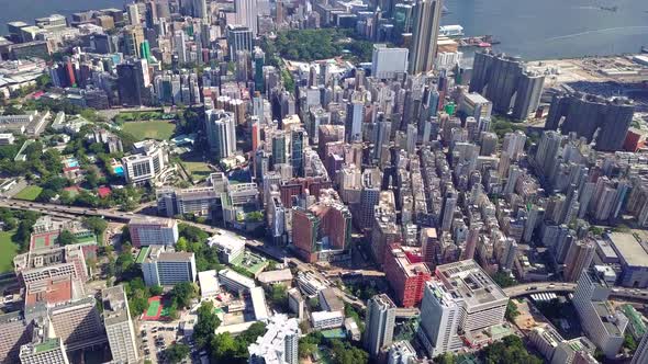 Drone fly over the Hong Kong urban city