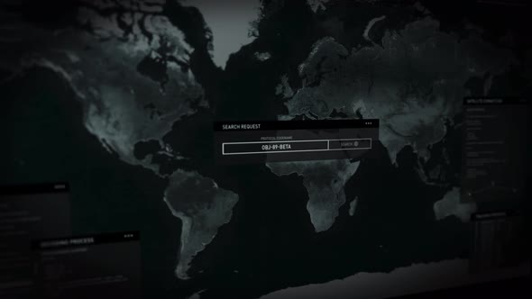 Dark computer screen. World map. Code name search. Scan via radar. Tehran. UI alt