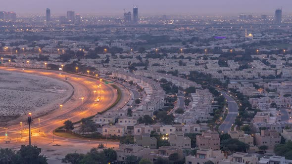 Aerial View to Villas and Houses Near Golf Course Night to Day Timelapse