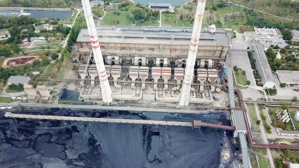 Aerial view of thermal power station. Industrial zone from above.