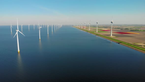 Windmill Park in the Ocean Drone Aerial View of Windmill Turbines Generating Green Energy Electric