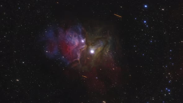 Spaceship Flies Around the Orion Nebula in Space