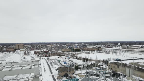 Aerial view from Lake Michigan. Large park in residential neighborhood in winter.