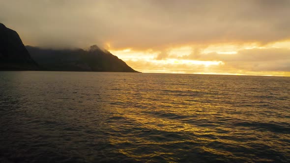 Flying Above the Coast of Senja Island in Northern Norway at Sunset