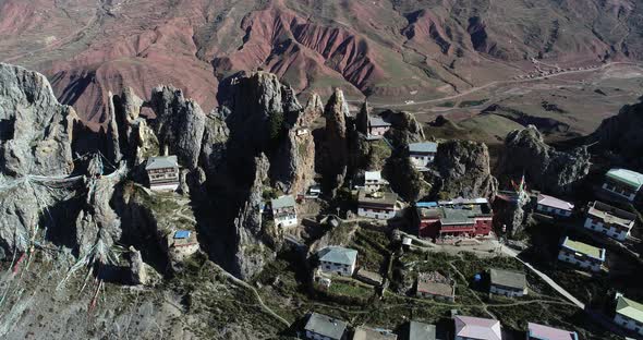 Aerial footage of  landscape in zizhu temple in Tibet,China