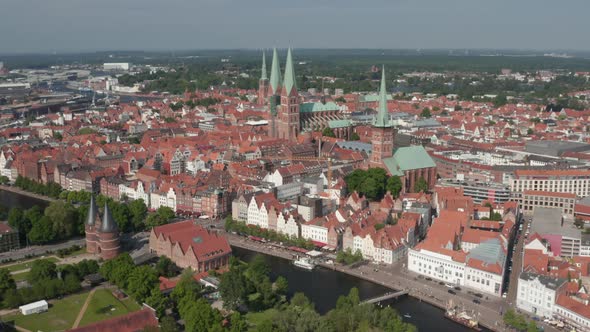 Forwards Fly to Historic Brick Buildings in Medieval City Centre