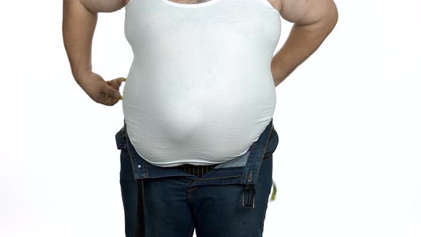 Fat Belly of Caucasian Man on White Background