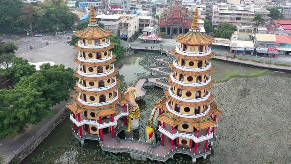 Sliding with a bit of Circular motion View of Spectacular Dragon And Tiger Pagodas Temple With Seven