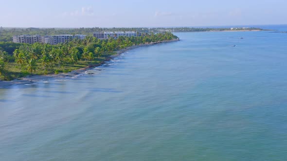 Playa Nueva Romana, San Pedro de Macoris in Dominican Republic. Aerial forward