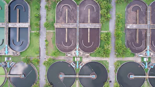 Aerial view High angle view Top down drone shot of the sewage treatment plant