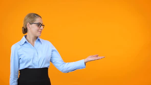 Attractive Lady Eyeglasses Presenting Template Orange Background, Announcement