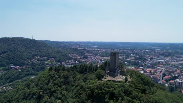 Aerial View Of Castello Baradello On Hilltop Next To City Of Como, Northern Italy. Circle Dolly