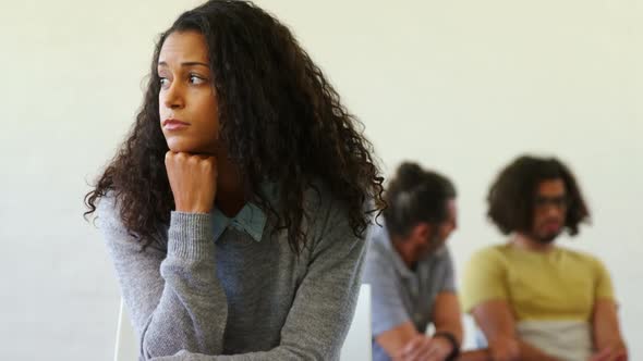 Beautiful woman sitting in health center 4k