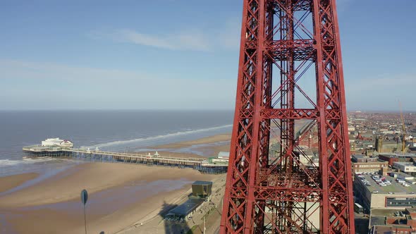 Stunning aerial footage, view of Blackpool Tower by the award winning Blackpool beach, A very popula