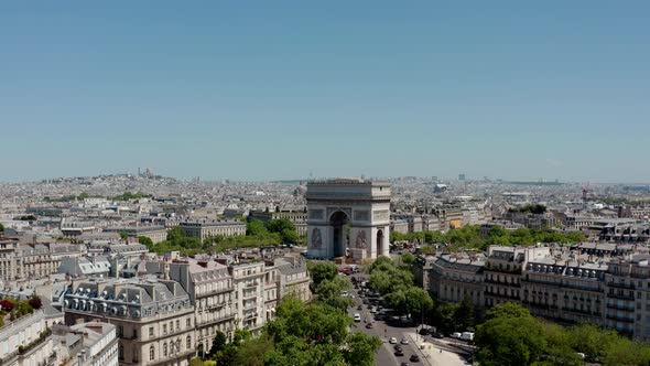 Drone Aerial View of Arc of Triumph Paris France