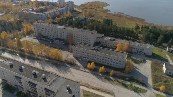 Aerial view of a hospital in provincial Russian city with low buildings 46