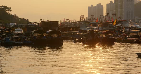 Hong Kong harbor port in aberdeen at sunset time