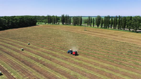 Tractor with Round Baler Discharges a Fresh Wheat Bale During Harvesting