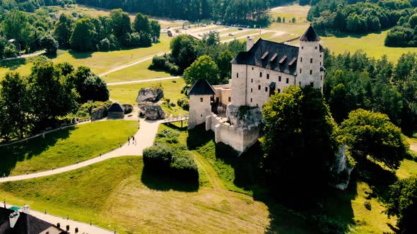 Morning aerial view on the medieval royal castle Bobolice. Poland. High quality 4k footage