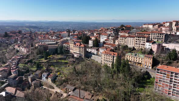 Aerial View of Dense Historic Center of Thiers Town in PuydeDome Department AuvergneRhoneAlpes