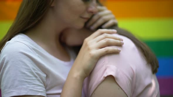 Lesbian Couple Embracing Tenderly, Publicly Expressing Feelings, Same-Sex Love