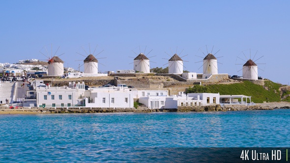 4K Traditional Greek Windmills on a Sunny Summer Day on the Greek Island of Mykonos