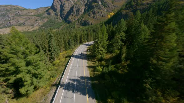 FPV Sport Drone Follow to Two Moto Traveler Driving on Spruce Forest Road with Mountain Landscape